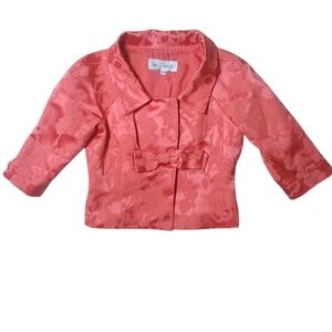 Sara Campbell Floral Bow Crop Textured Romantic  Blazer Sz 2 Coral